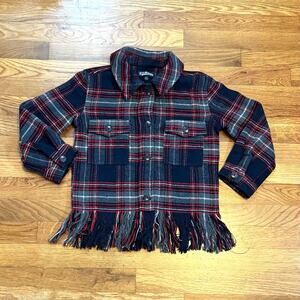 Freshman Kids Girls Small 7 Red Gray Long Sleeve Fringe Flannel Shacket Jacket